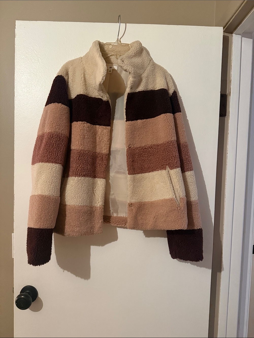 bp Striped Teddy Jacket in Cream, Tan & Brown